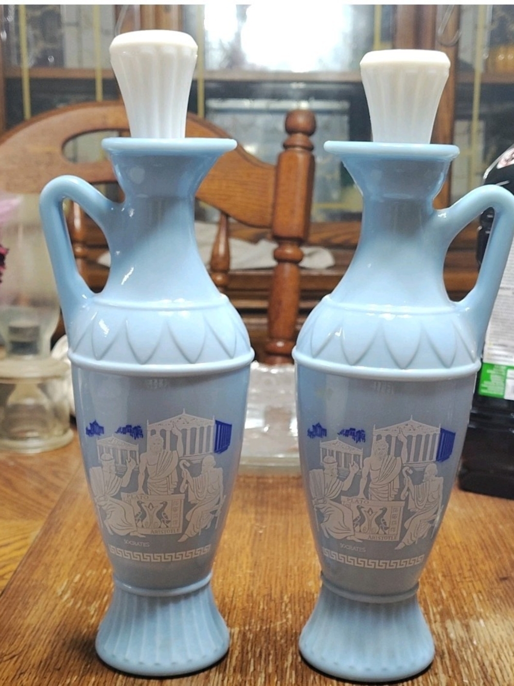 vintage 1961 Jim Beam Greek Philosophers Decanters  light blue milk glass.